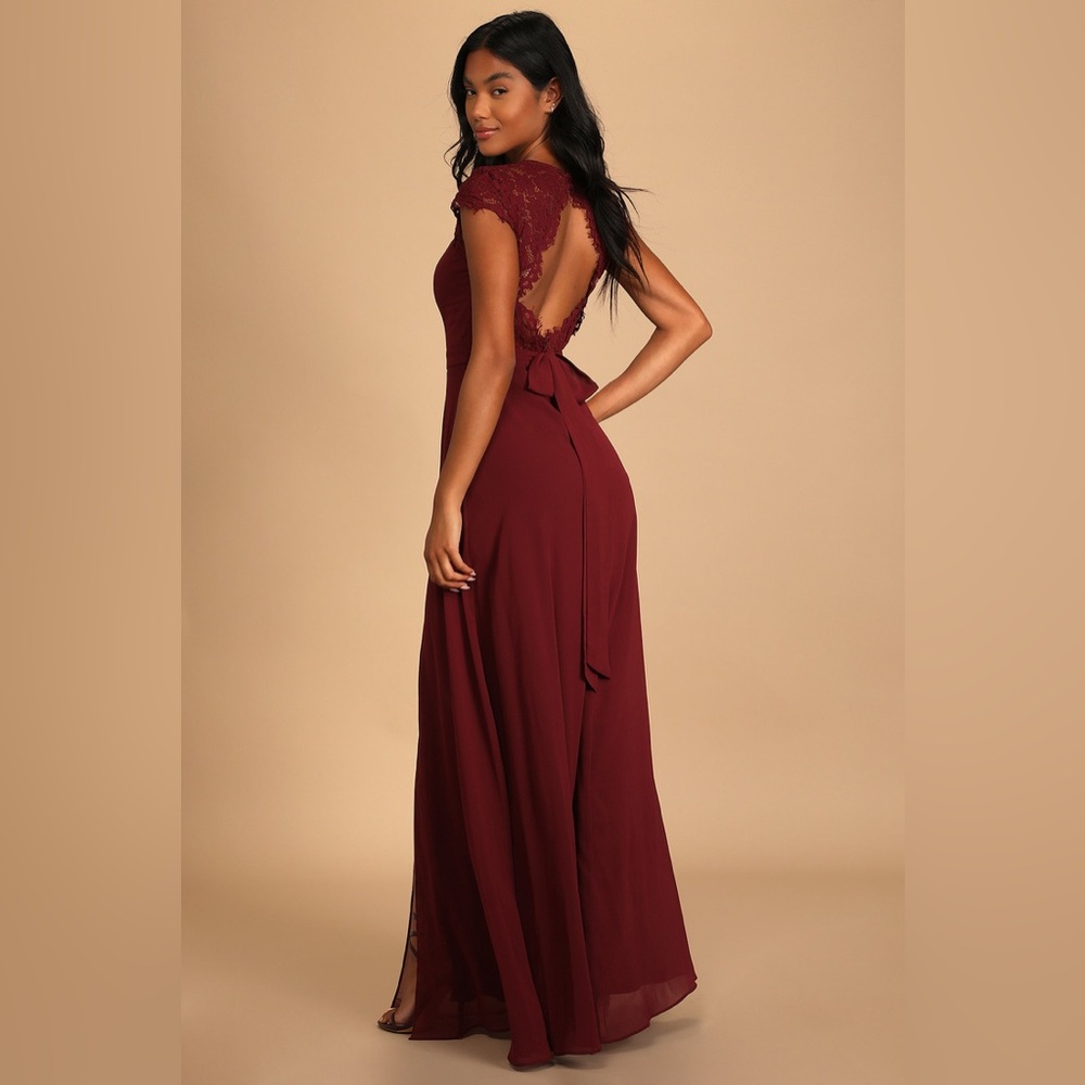 Lulu's Momentous Moments Burgundy Lace Backless Maxi Dress - Size Small - Picture 2 of 14